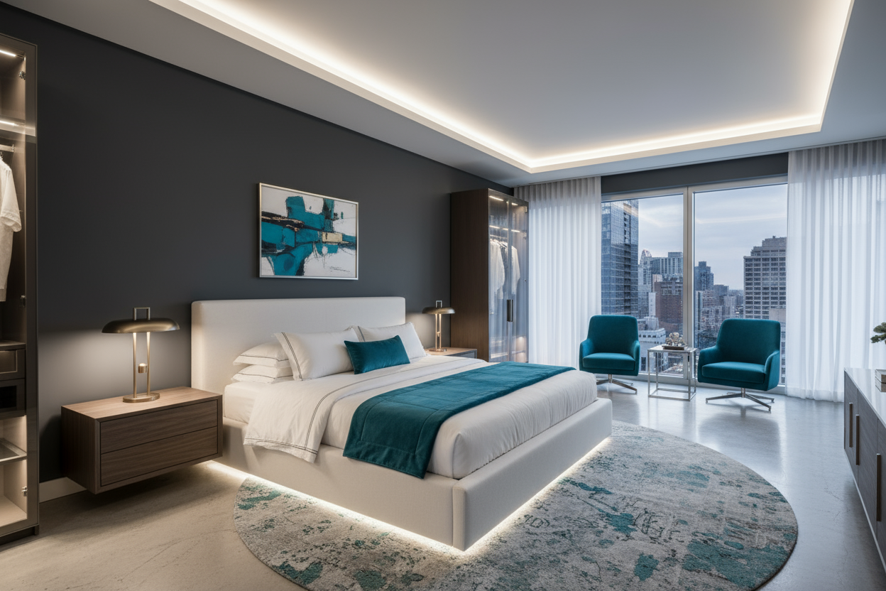 Dark Grey , HEX code #149fa8 , White bed and mattress in modern and rich bedroom , nice style , 