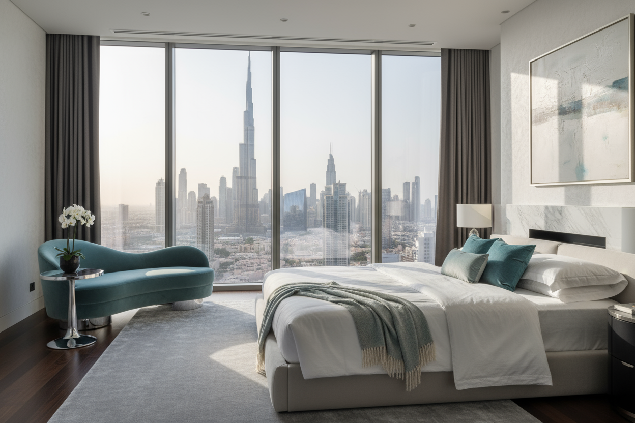 HEX code #149fa8 , city view bedroom , mattres , richness , luxury , dubai , tower building panorama , bed , bedroom , white , pale grey 