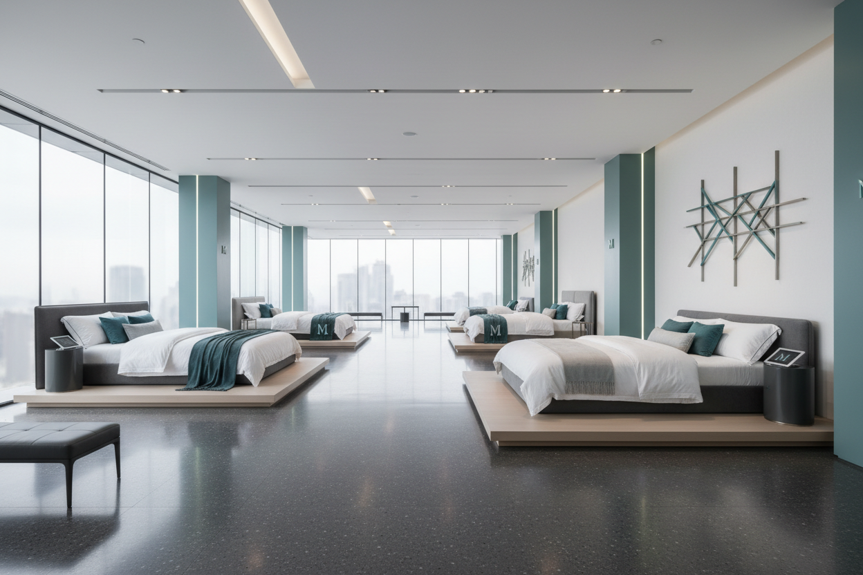 moderne, elegant, beaucoup de blanc , magasin , legere touche de HEX code #149fa8
 , dark grey , matelas , lit , succursale luxueuse, richesse ultime