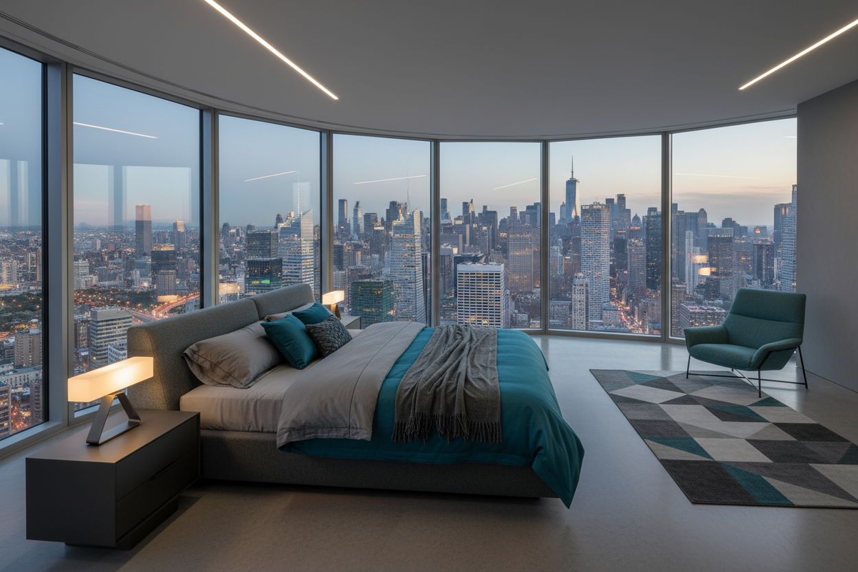 view on city bedroom , ajustable bed , HEX code #149fa8 dark grey , panorama
