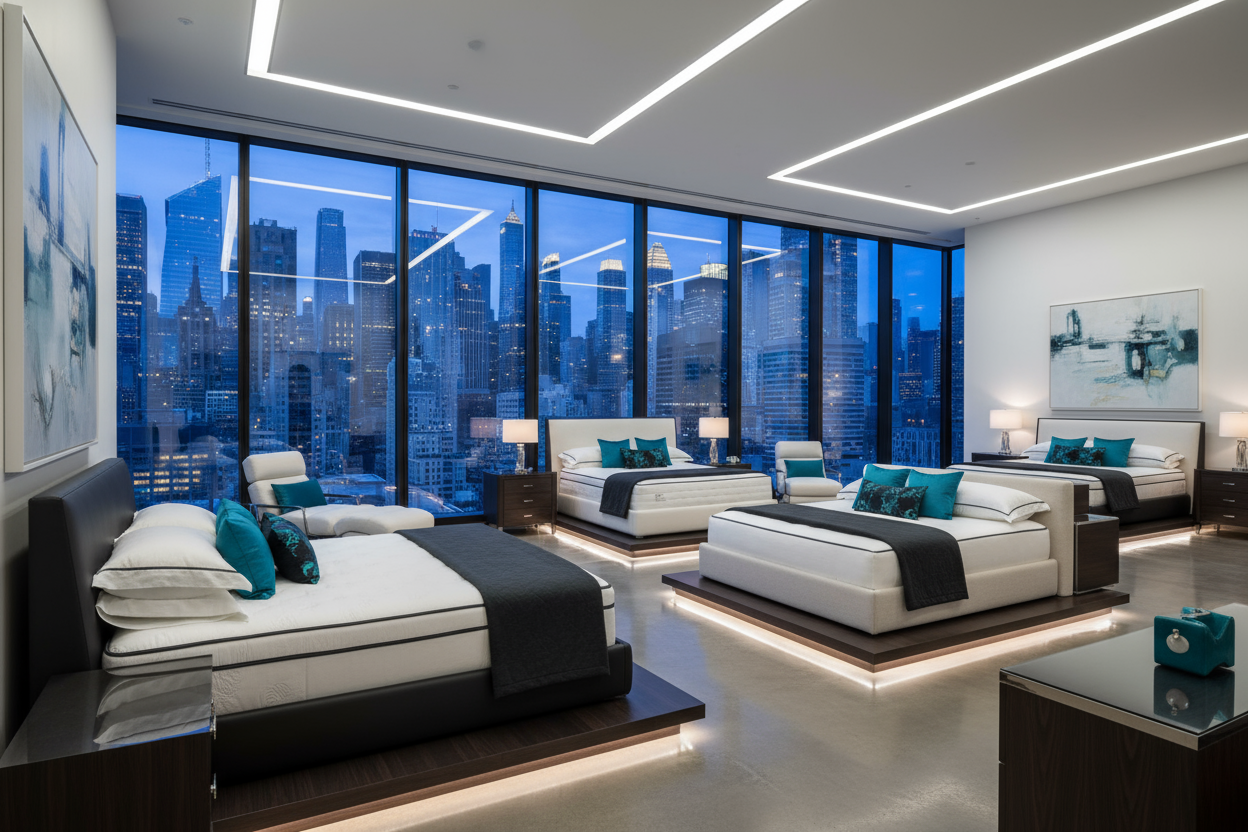 view on city , bedroom shop , mattres store , HEX code #149fa8 , white , black , luxury view on the city panorama , ultra rich , no scripture written no where 